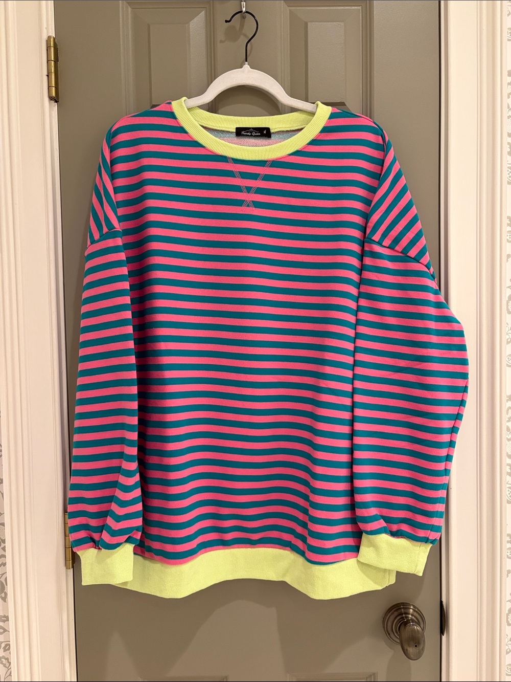 Striped Crewneck Sweatshirt in Teal and Pink with Neon Trim